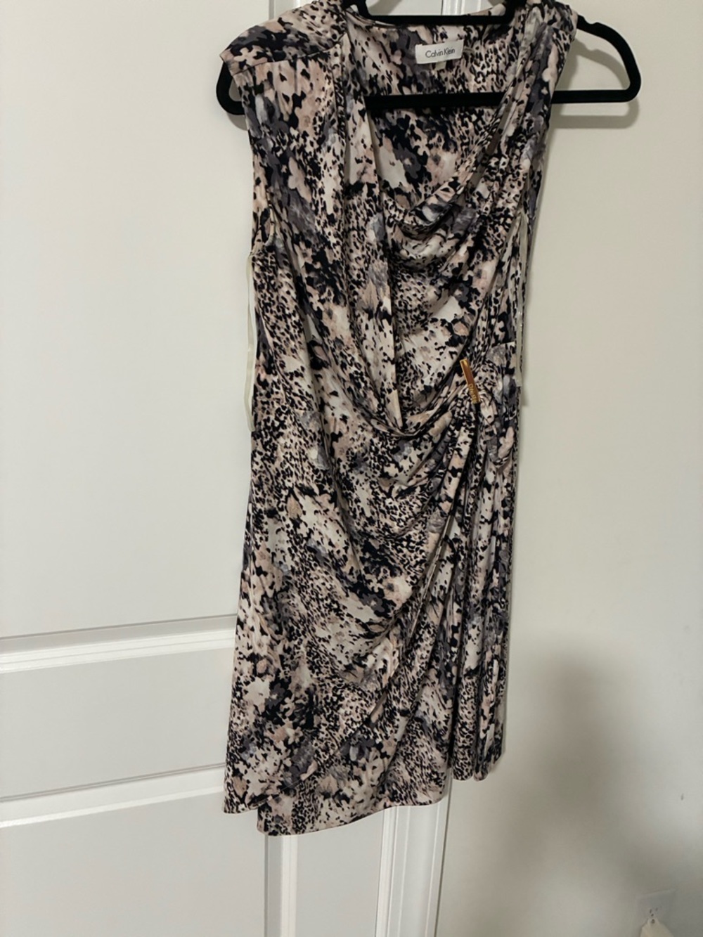 Calvin Klein Black and Blush Printed Draped Midi Dress